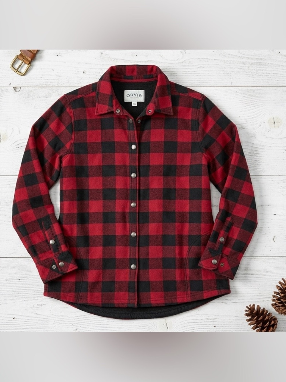 Orvis Buffalo Plaid Fleece Lined Shacket Red Black Snap Button Shirt Jacket L
